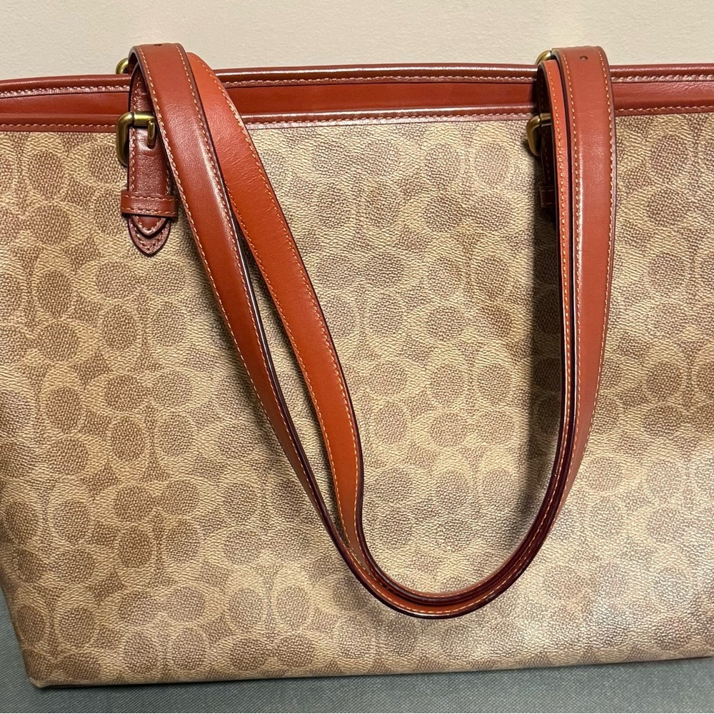 Coach Gallery Tote Signature Canvas Khaki Saddle Laptop Bag - Picture 2 of 5